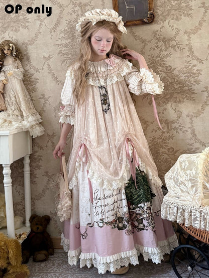 Plus Sizes Available Ruffle Round Neck Drawstring Overlay Sweet Lolita Cotton Dress