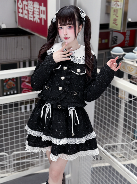 Jirai Kei Black Tweed Tiered Skirt with White Lace Trim & Lace-Up Detail