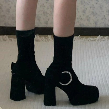 Platform Black High Block Heel Boots with Square Toe Design, Decorative Buckles & Inner Zip