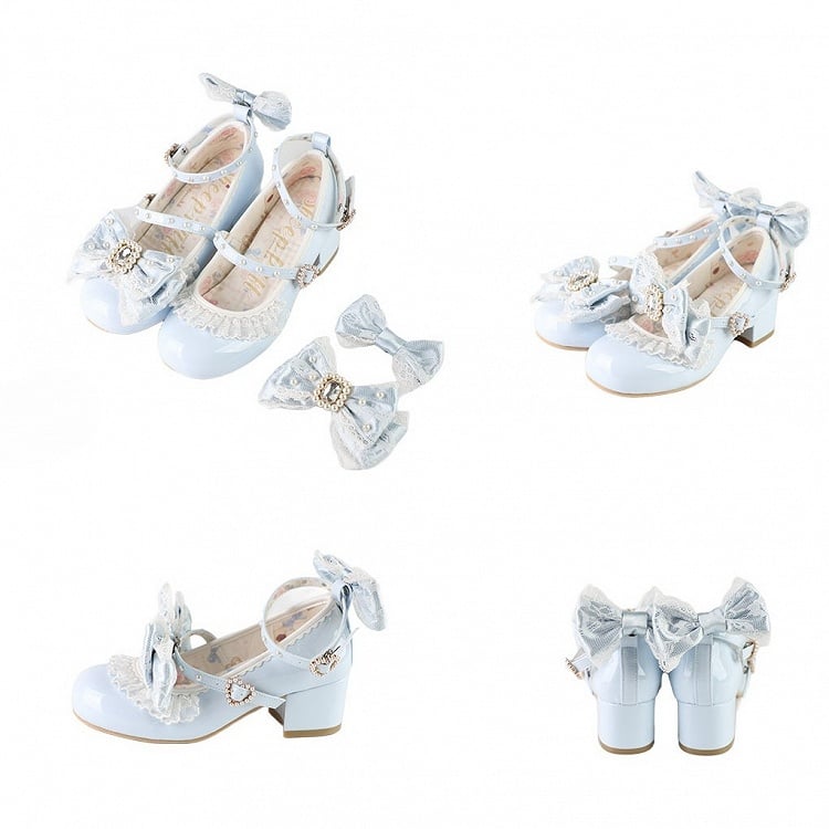 Polished Blue Detachable Rhinestone And Beaded Decorated Bowknot Lace Trim 4.5CM Block Heels Shoes