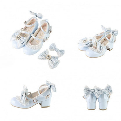 Polished Blue Detachable Rhinestone And Beaded Decorated Bowknot Lace Trim 4.5CM Block Heels Shoes