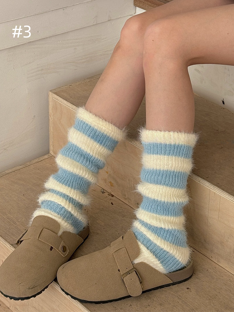 5 Options Y2K Striped Pattern Knitted Plush Leg Warmers