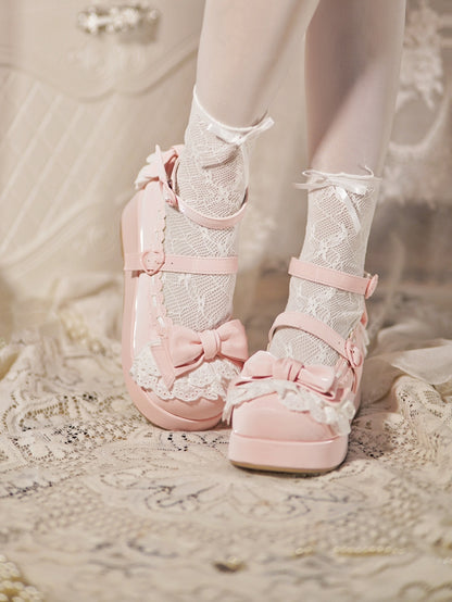Baby Pink Bow at Top Lace Trim Heart Buckles Platforms