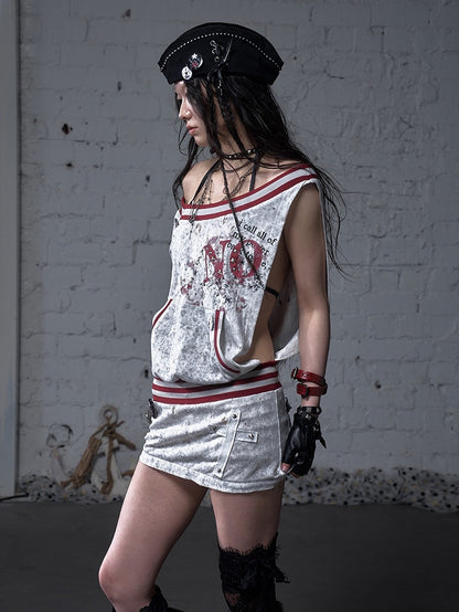 Asymmetrical Neckline Gray/White Wasteland Punk Distressed Dress with Detachable Handkerchief Hem