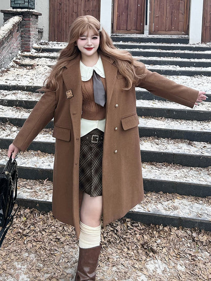 Plus Size Coffee Preppy Coat with Free Badge