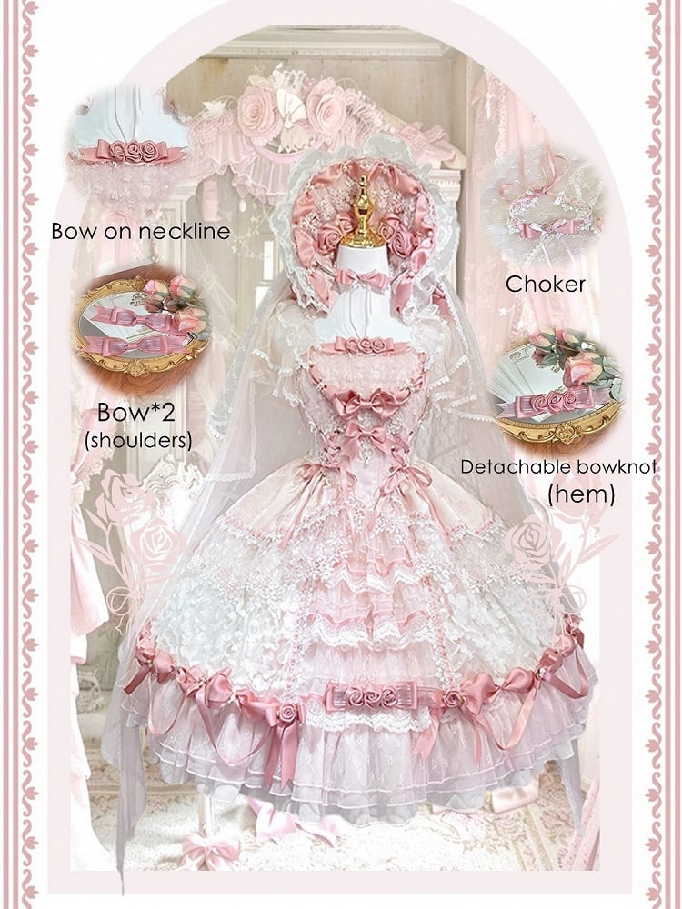 Pink Hanayome Lolita Hime Dress with Corset Waist and Rose Bow Accents Short Version