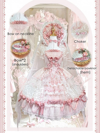 Pink Hanayome Lolita Hime Dress with Corset Waist and Rose Bow Accents Short Version