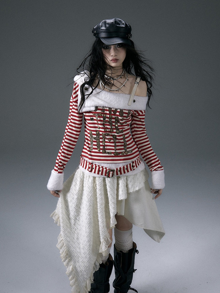 Red&White/Black&White Stripes Letter Print Top with Detachable Plush Collar