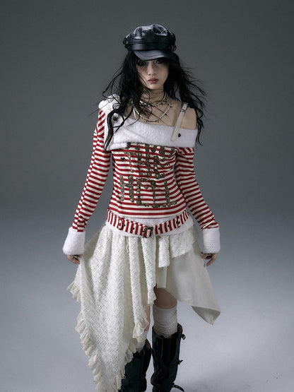 Red&White/Black&White Stripes Letter Print Top with Detachable Plush Collar