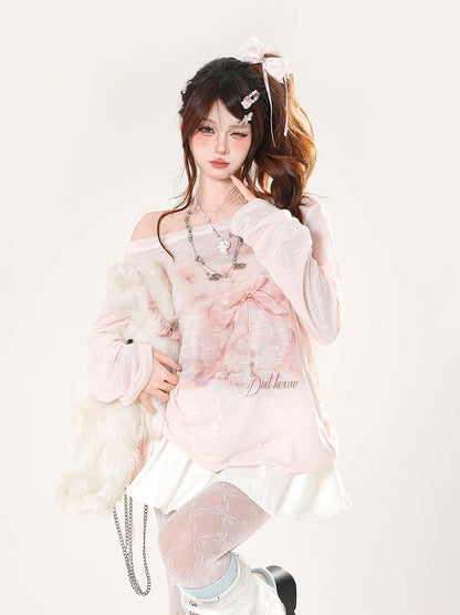 Adorable Kitten Print Asymmetrical Neckline Pink Semi-sheer Coverup