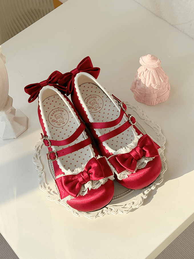 Ruffled Lace, Bow Details & Double Closure Red Mid-heel Mary Jane Shoes in Sweet Lolita