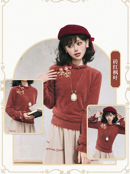 Maple Leaf Embroidery Neckline Bowknot on Cuffs Brick Red Autumn Knit Top