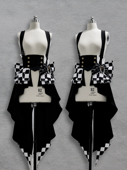 Bunny Theater Chess Pattern Fabric Peplum Swallow Tail Train Corset with Shoulder Straps
