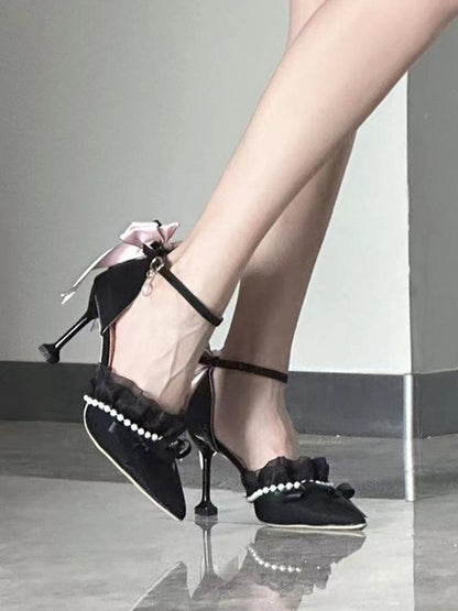Black & Pink Bowknot and Beaded Chain 5CM/8CM Lolita High Heels