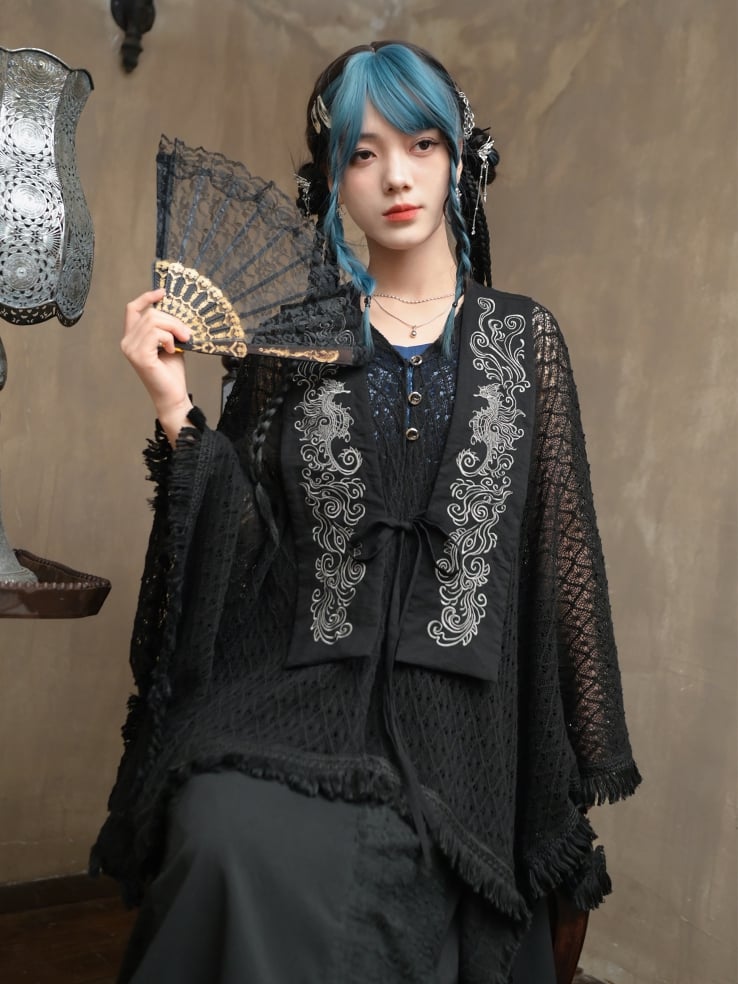Tassel Hem Black Cheongsam Style Hollow-out Cape Cardigan with Detachable Seahorse and Coral Embroidery Collar