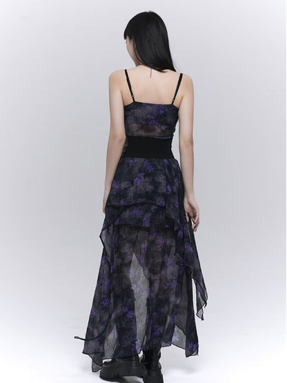 Black & Purple Floral Print Asymmetrical Hem Glamorous Cami Dress