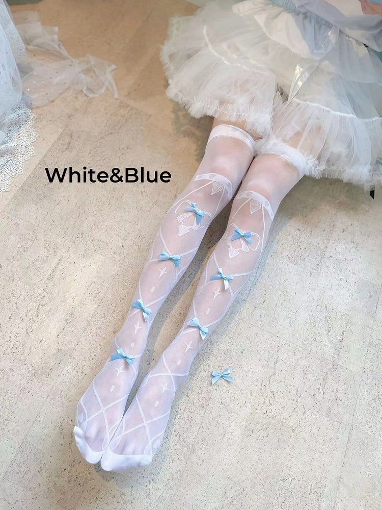 8 Colors Bowknot Details Crisscorss Banded Print Lolita Over Knee Stockings