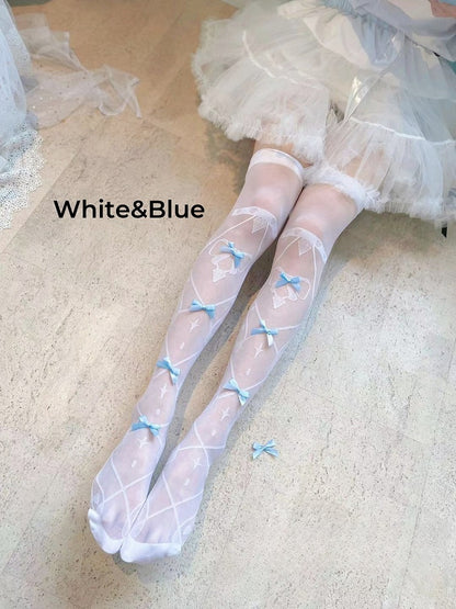 8 Colors Bowknot Details Crisscorss Banded Print Lolita Over Knee Stockings