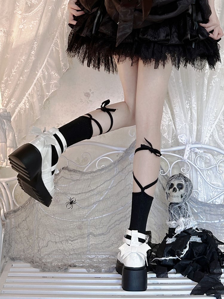 Silver-tone Studs Cross White Platform Chunky Heels Punk Shoes