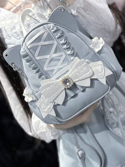Jirai Kei Light Blue Cat Ear Backpack With Beaded and Rhinestone Bow