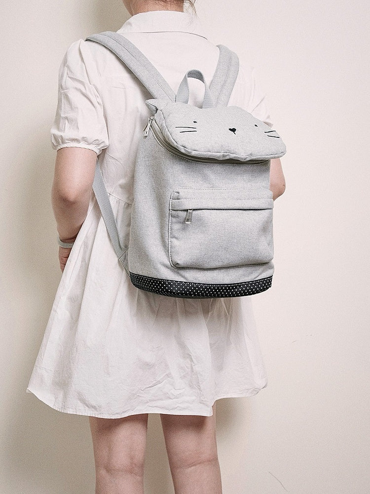 Charming Grey Cat-Ear Flap Backpack With Embroidered Kawaii Kitten Design