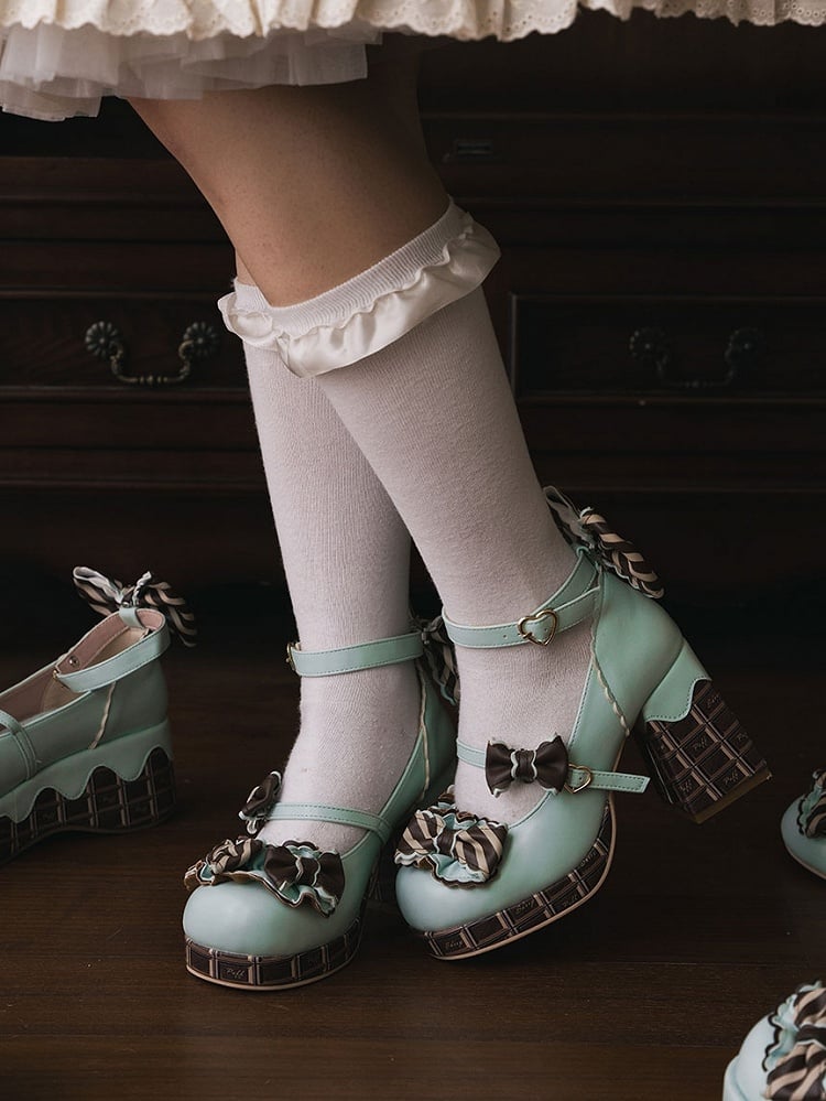 Green&Brown Striped Bowknot Details Heart Buckle Chocolate Platform High Block Heels Mary Janes