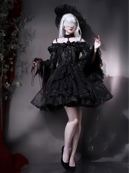 Black Layered Bell Sleeves Kuro Gothic Lolita Dress Bowknot Details and Drawstring Skirt