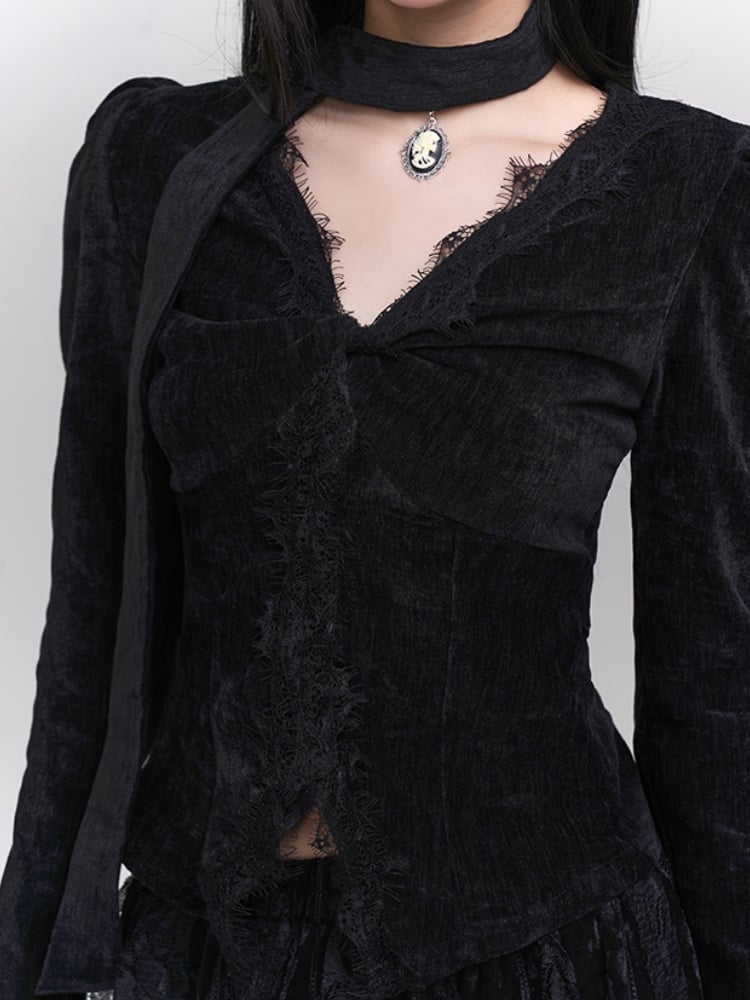 Gothic Black Lace V-Neck Slim-fitting Top