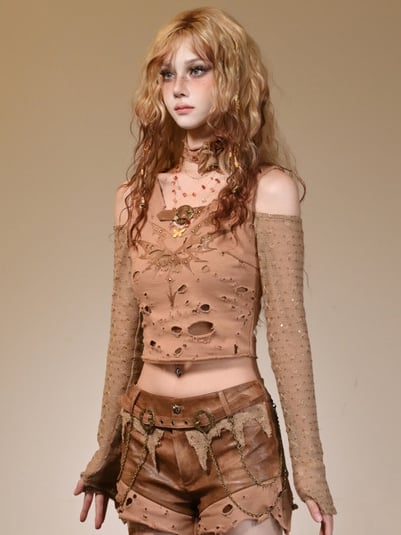 Wasteland Punk Light Brown Studs Decorated Buckle Accents Cutout Shoulder Top