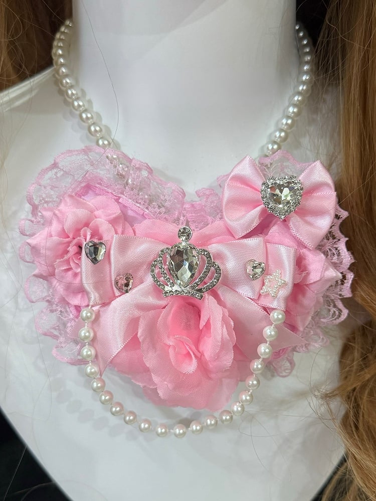 Pink Rhinestone Decorated Floral Design Bowknot Details Lace Trim Heart Pendant Beaded Necklace