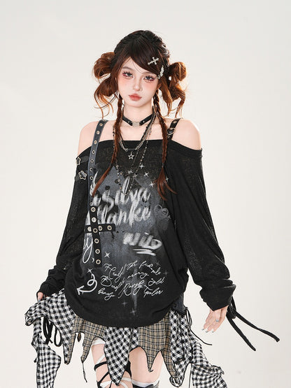 Off-the-shoulder Neckline Criss-cross Design Drawstring Sleeves Black Loose Coverup