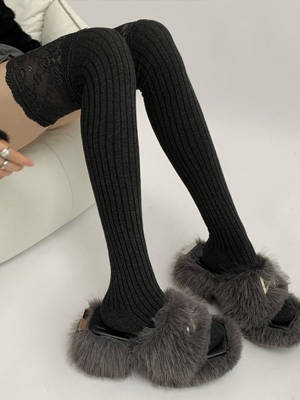 White/Black/Dark Gray/Beige/Light Gray Lace Trim Knitted Over-knee Stockings