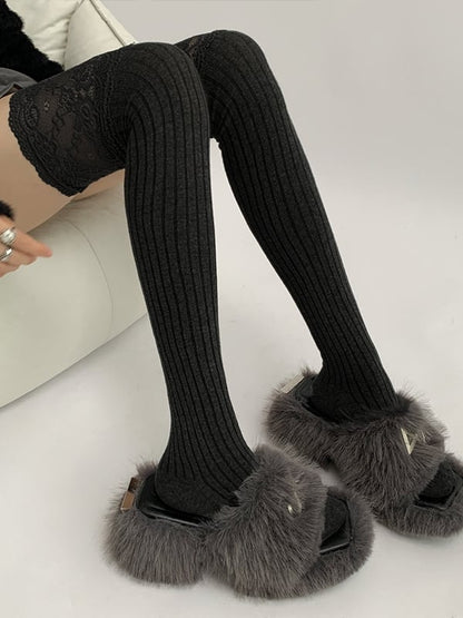White/Black/Dark Gray/Beige/Light Gray Lace Trim Knitted Over-knee Stockings