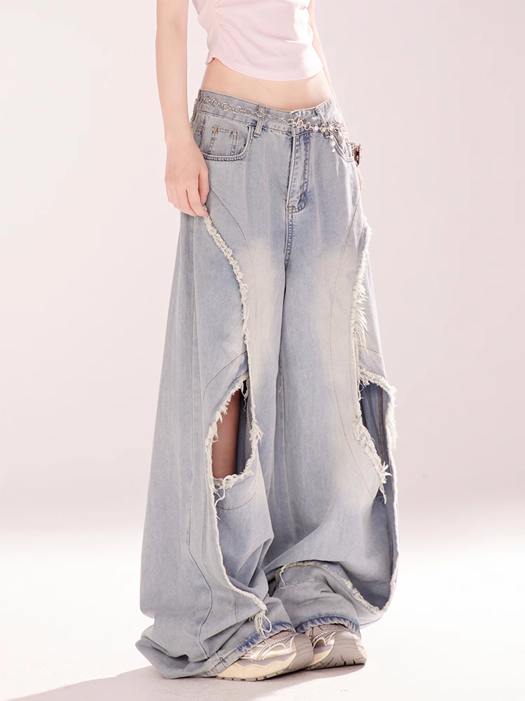 Blue Low Rise Distressed Hole Raw Hem Vintage Wide-leg Jeans