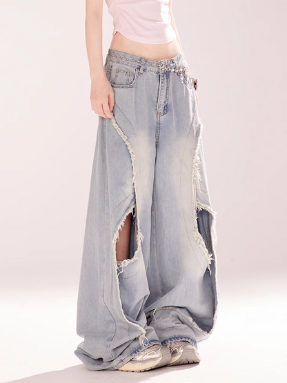Blue Low Rise Distressed Hole Raw Hem Vintage Wide-leg Jeans