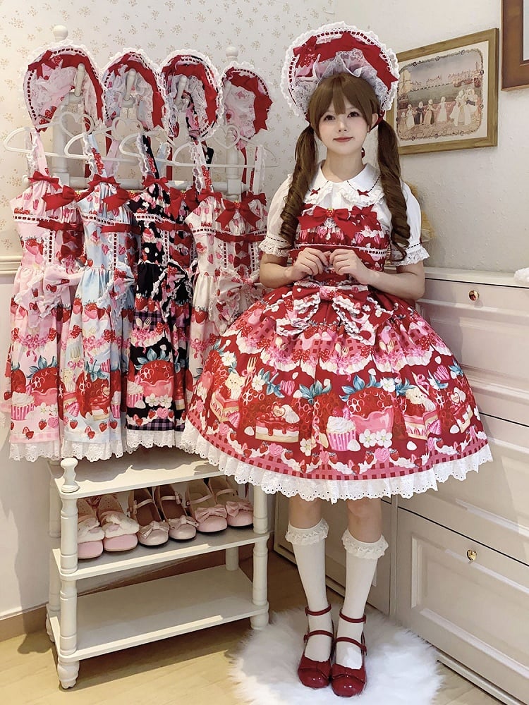 Strawberry and Dessert Print Red Sweet Lolita Dress