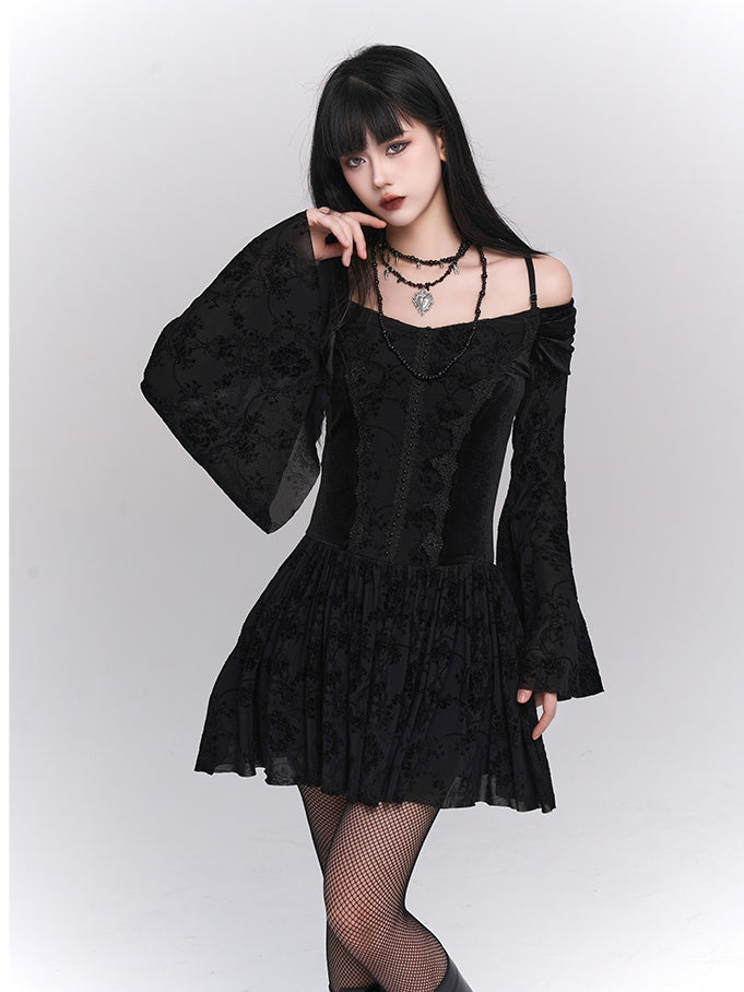 Black Gothic Velvet Off-the-shoulder Neckline Bell Sleeves Lace Trim Dress