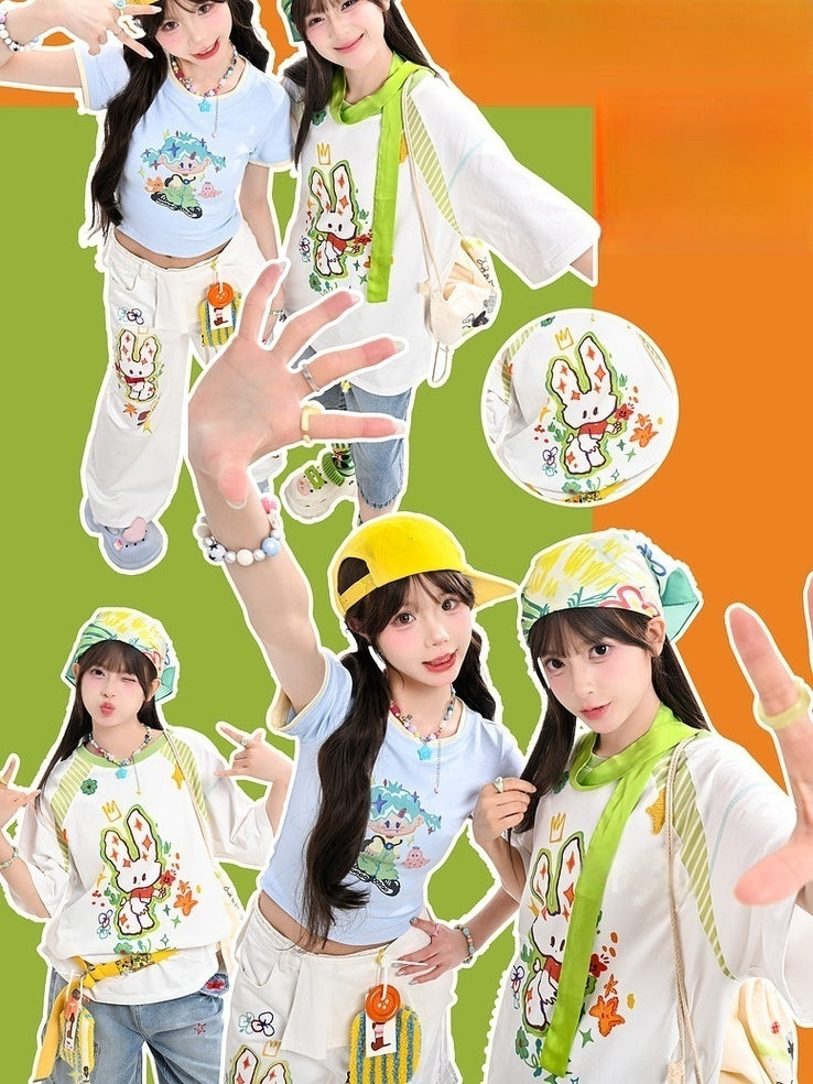 Cartoon Bunny Print White Round Neck Loose T-shirt