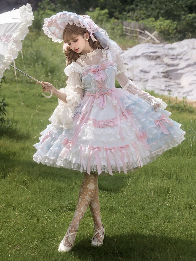 Blue and Pink Bow Accents Tiered Skirt Hanayome Hime Lolita Jumper Skirt