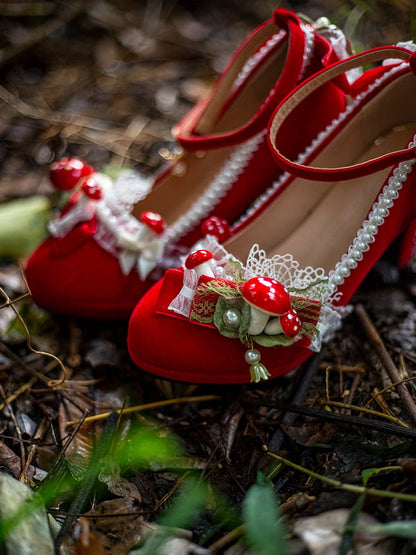 Red Bow Accent Bead and Mushroom 5CM Sweet Lolita Block Heels