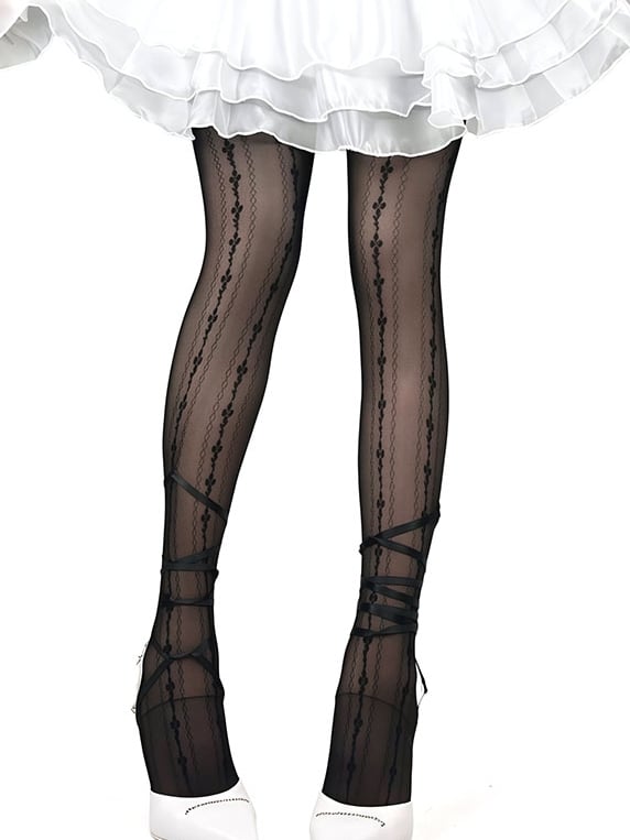 White/Black Y2K Floral Pattern Self-tie Straps Tights