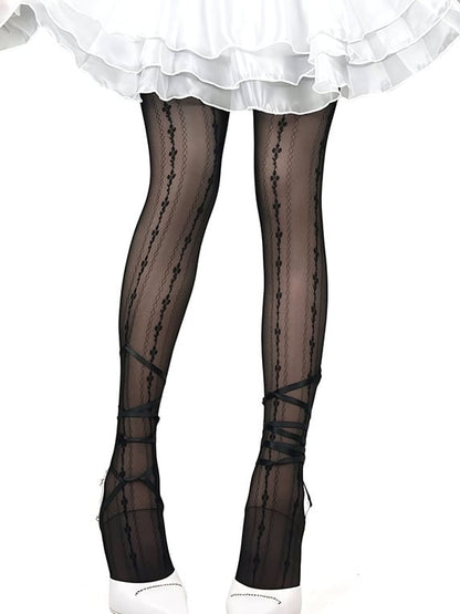 White/Black Y2K Floral Pattern Self-tie Straps Tights