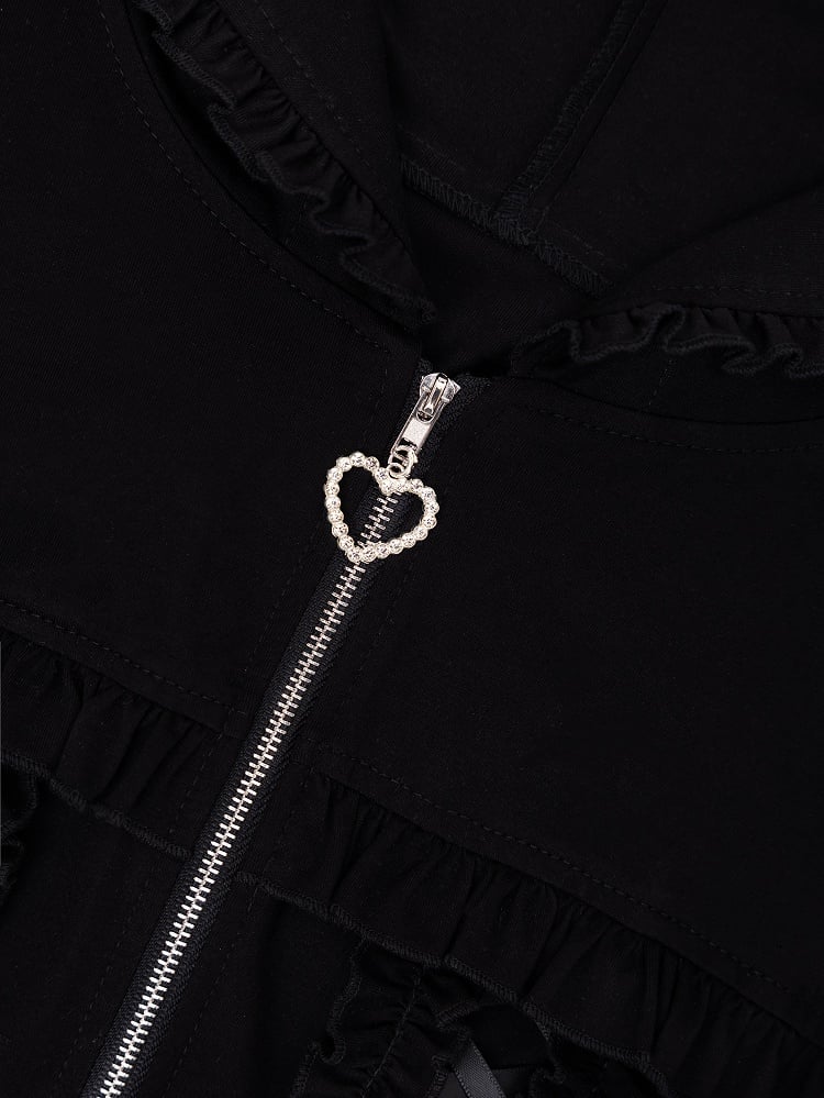 Autumn & Winter Jirai Kei Black Zip-up Hoodie with Ruffle Accents and Criss-cross Ribbon