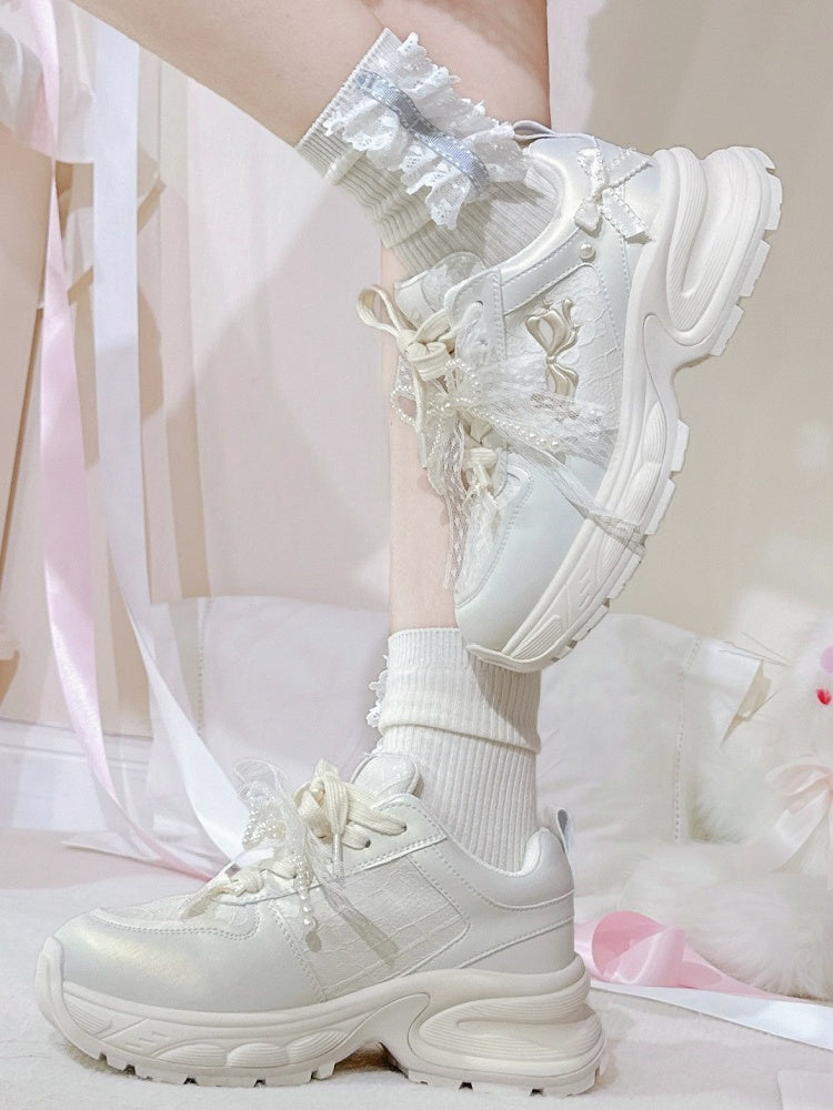 White Beaded Decorated Bowknot Details Front Lace-up Ties Sneakers
