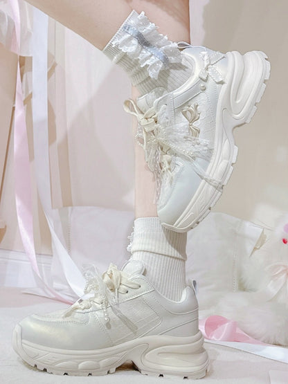 White Beaded Decorated Bowknot Details Front Lace-up Ties Sneakers