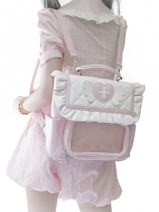 Pink and White Jirai Kei Flip-Flop Style Ita Bag with Heart & Angel Wing Accents