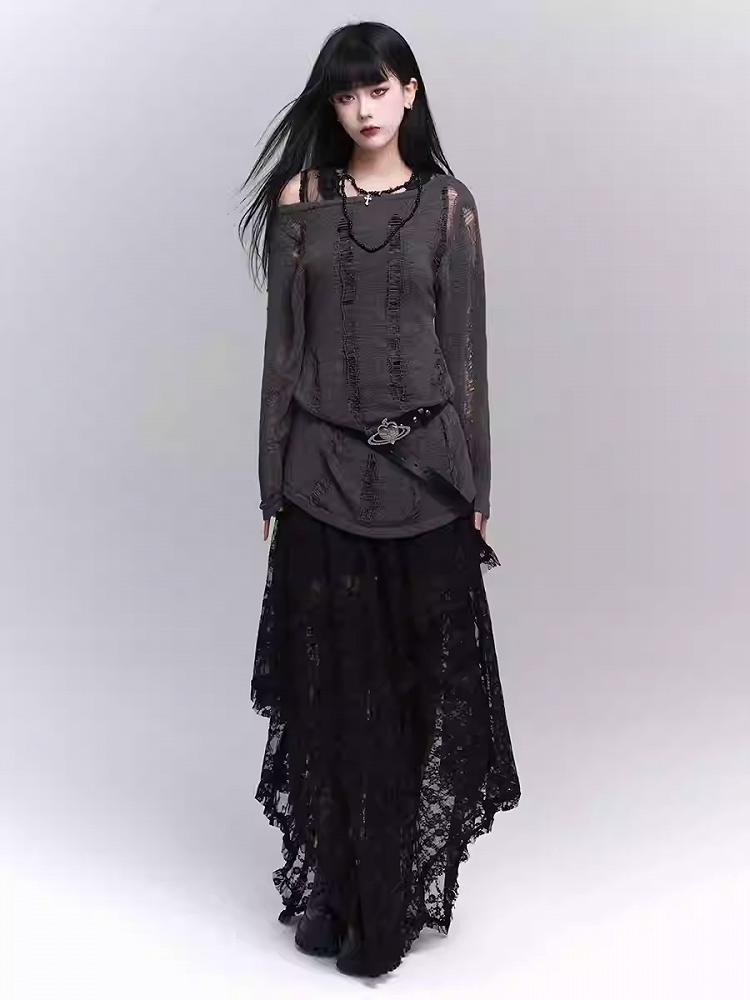Black Semi-Sheer Floor Length Asymmetrical Lace Skirt