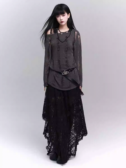Black Semi-Sheer Floor Length Asymmetrical Lace Skirt