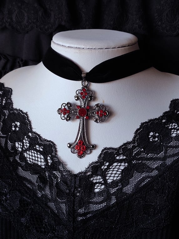 Clearance-Victorian Gothic Red Rhinestones Black Velvet Cross Choker