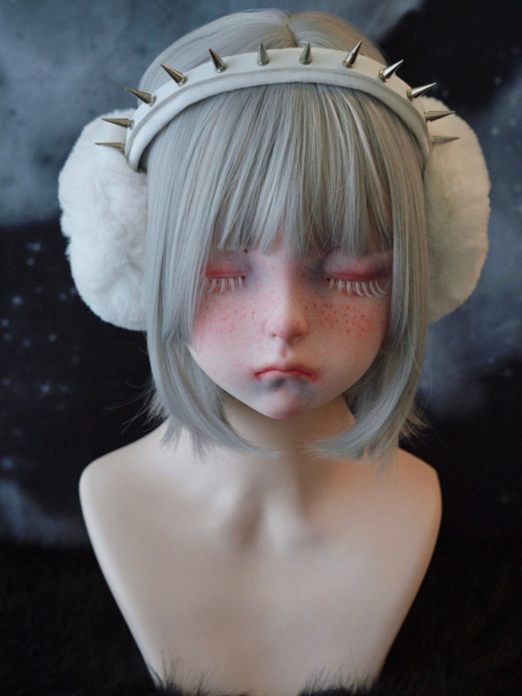 White Handmade PU Studded Plush Earmuffs